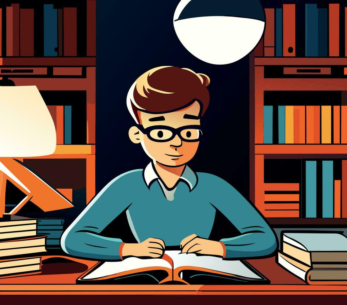 Little boy doing homework by read and writing on his desk. Vector illustration