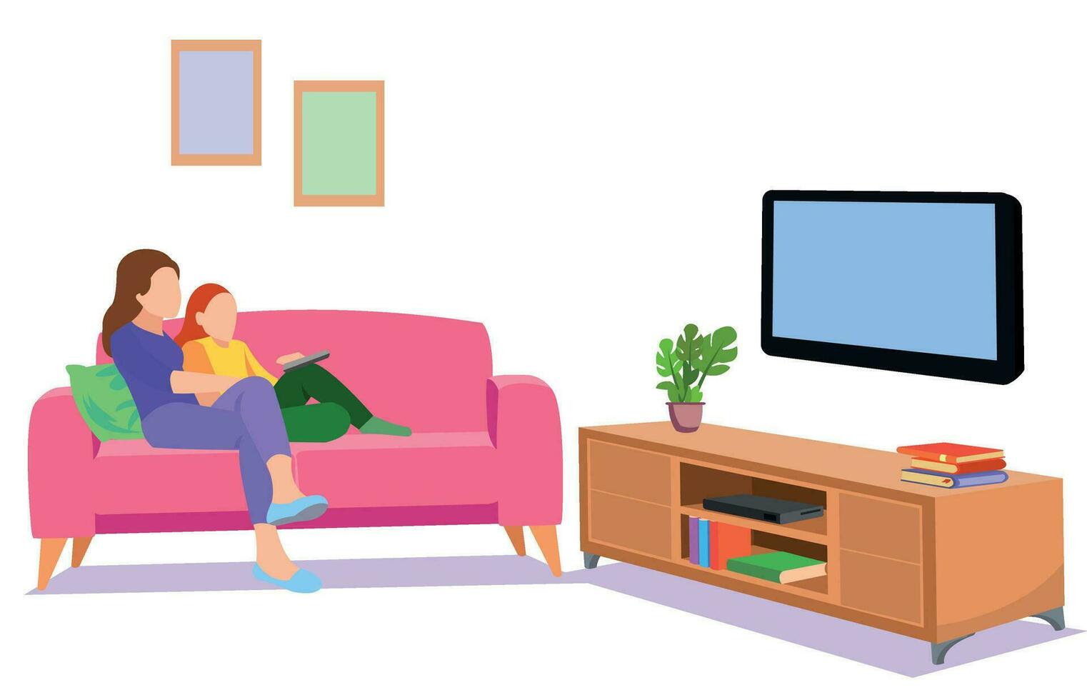 Happy family watching television together in living room. Family illustration in cartoon style vector
