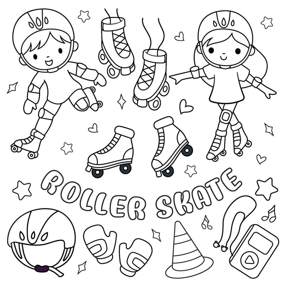 Doodle vector set with line art roller skates and equipment