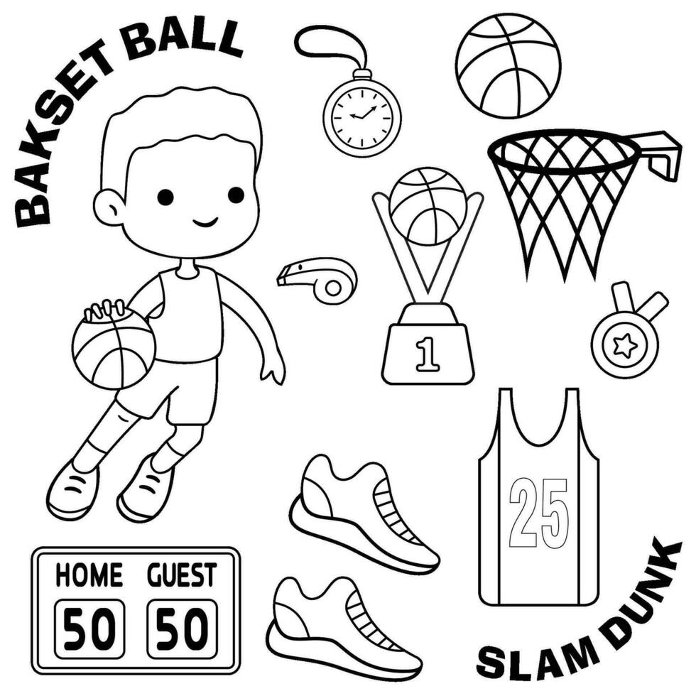 Doodle vector set with line art basket ball player and equipment