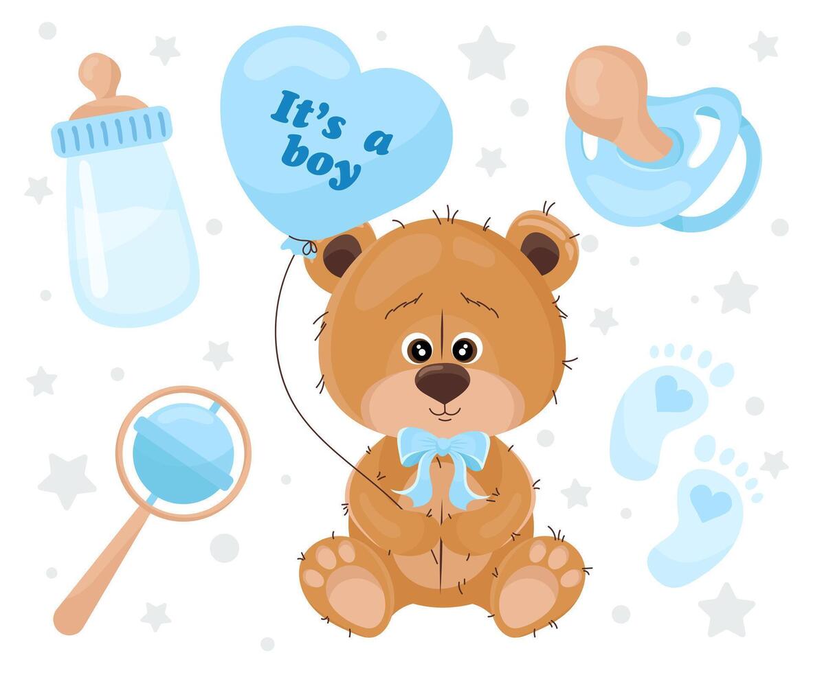 sus un chico. osito de peluche oso con un globo en el formar de un corazón y varios artículos para el bebé. vector