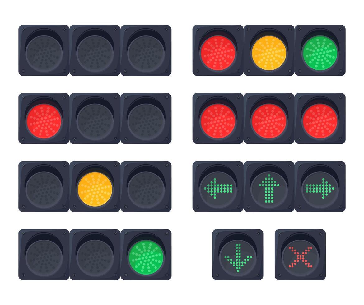 Set of vector illustrations of traffic lights. Signal lights.