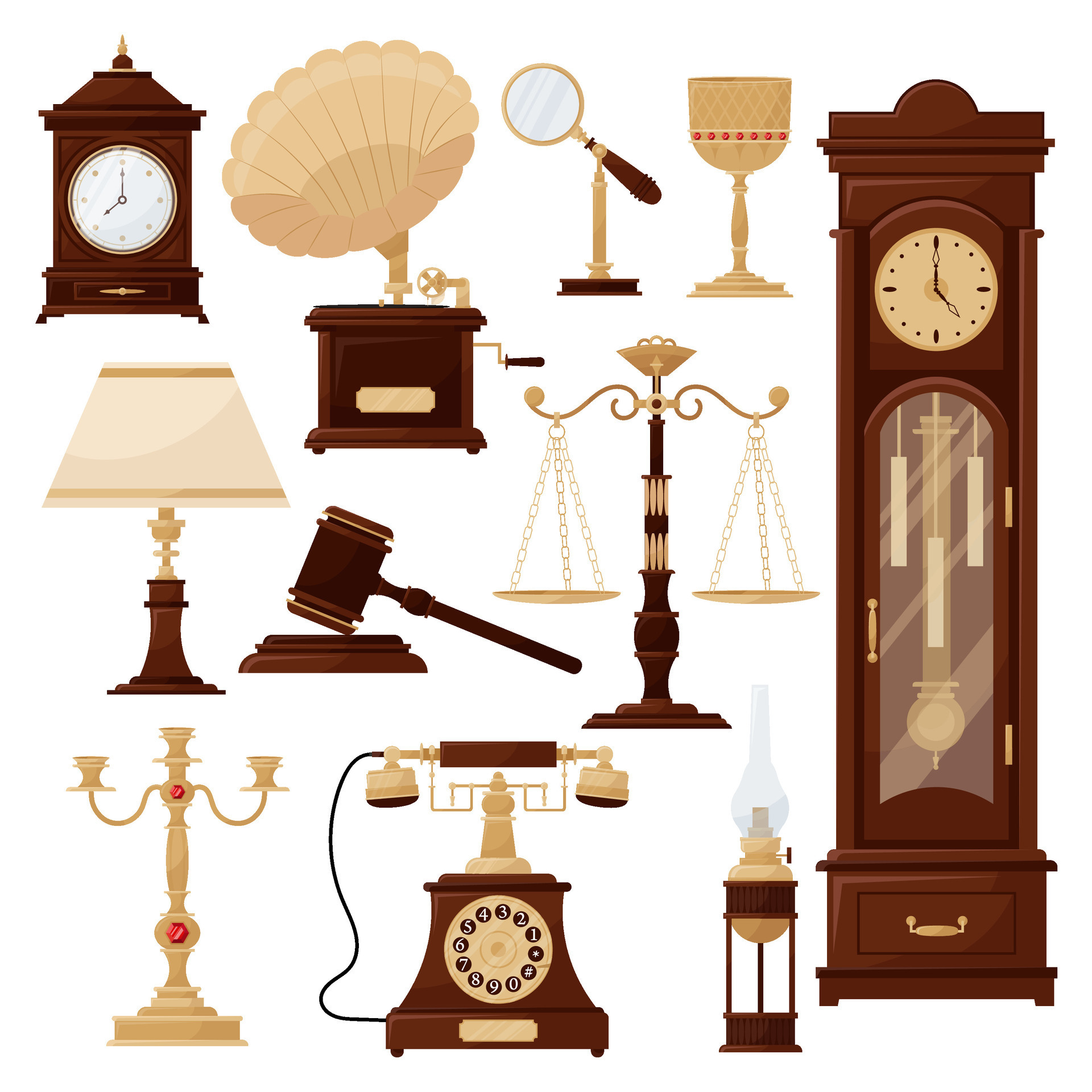 Antiques, old things, vintage. Set of vector illustrations of antique ...