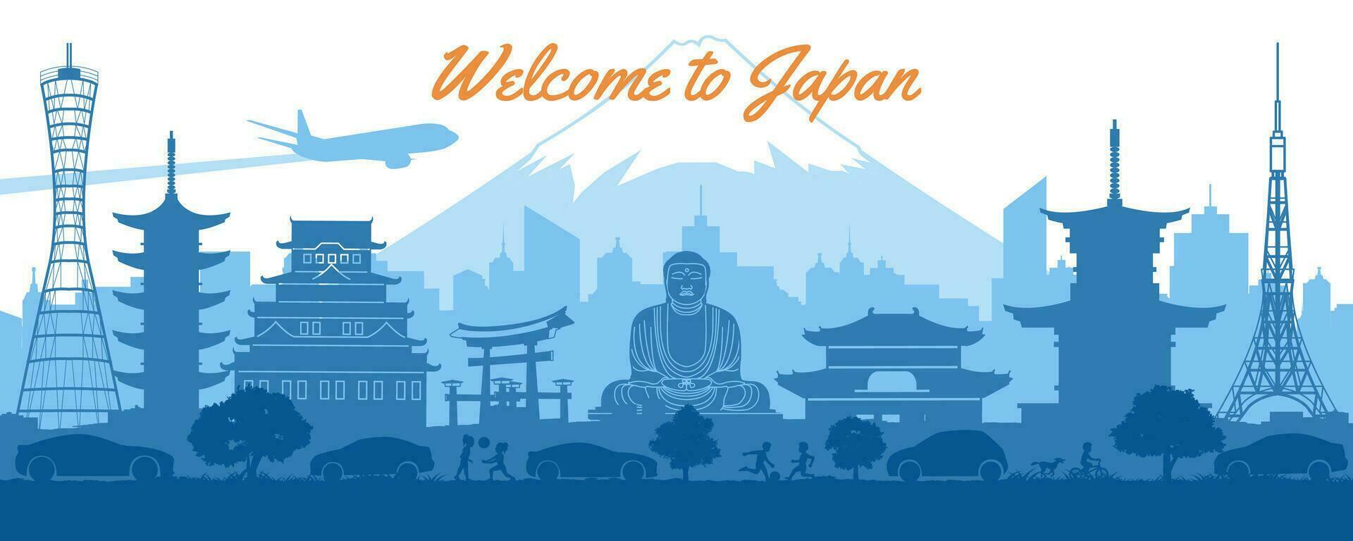 Japón famoso puntos de referencia silueta estilo con azul y blanco color vector