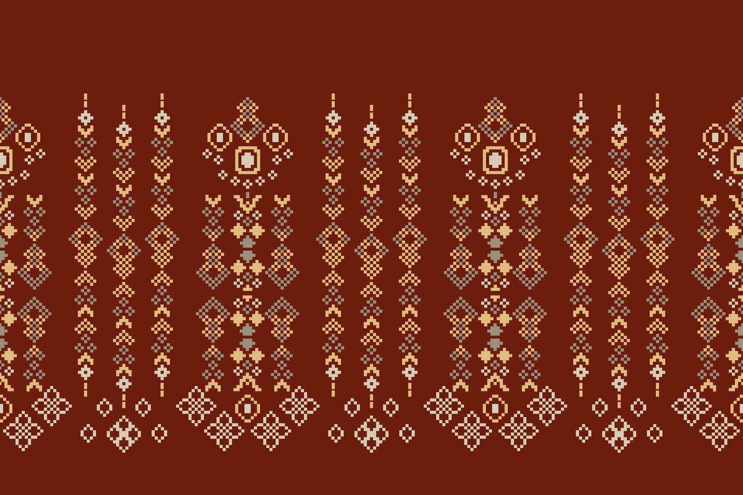 Ethnic geometric fabric pattern Cross Stitch.Ikat embroidery Ethnic oriental Pixel pattern brown background. Abstract,vector,illustration. Texture,clothing,frame,decoration,motifs,silk wallpaper. vector