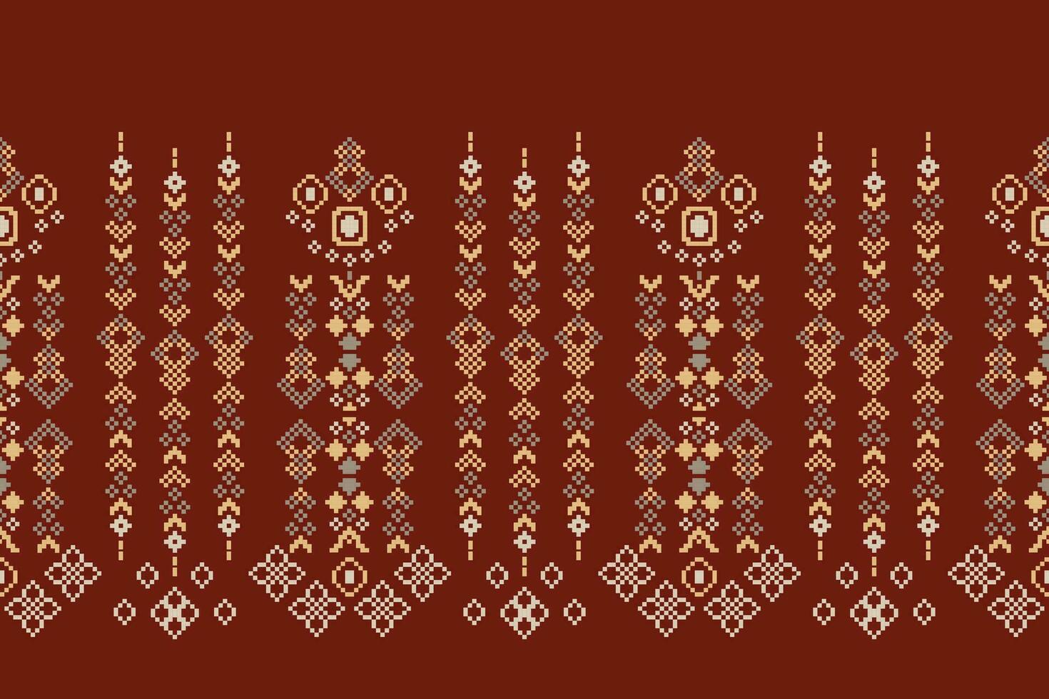 Ethnic geometric fabric pattern Cross Stitch.Ikat embroidery Ethnic oriental Pixel pattern brown background. Abstract,vector,illustration. Texture,clothing,frame,decoration,motifs,silk wallpaper. vector