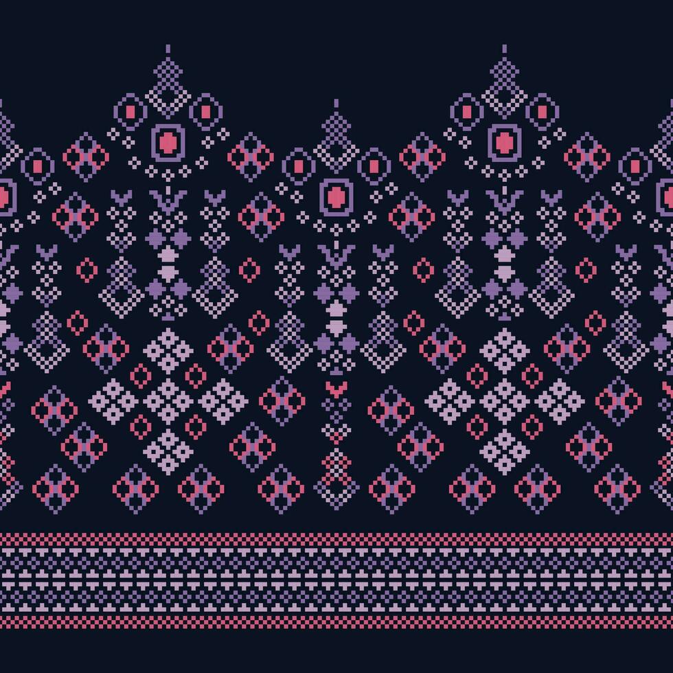 Ethnic geometric fabric pattern Cross Stitch.Ikat embroidery Ethnic oriental Pixel pattern navy blue background. Abstract,vector,illustration. Texture,clothing,frame,decoration,motifs,silk wallpaper. vector