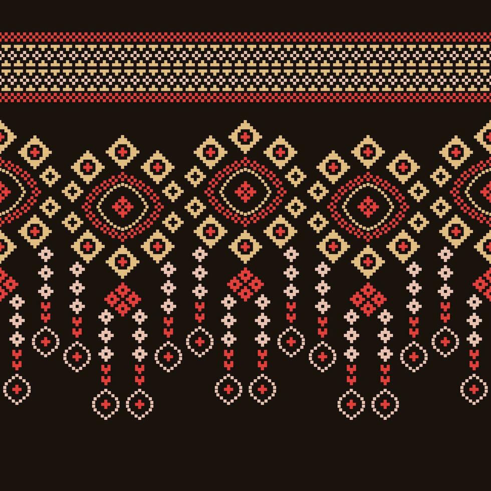 Ethnic geometric fabric pattern Cross Stitch.Ikat embroidery Ethnic oriental Pixel pattern brown background. Abstract,vector,illustration. Texture,clothing,frame,decoration,motifs,silk wallpaper. vector