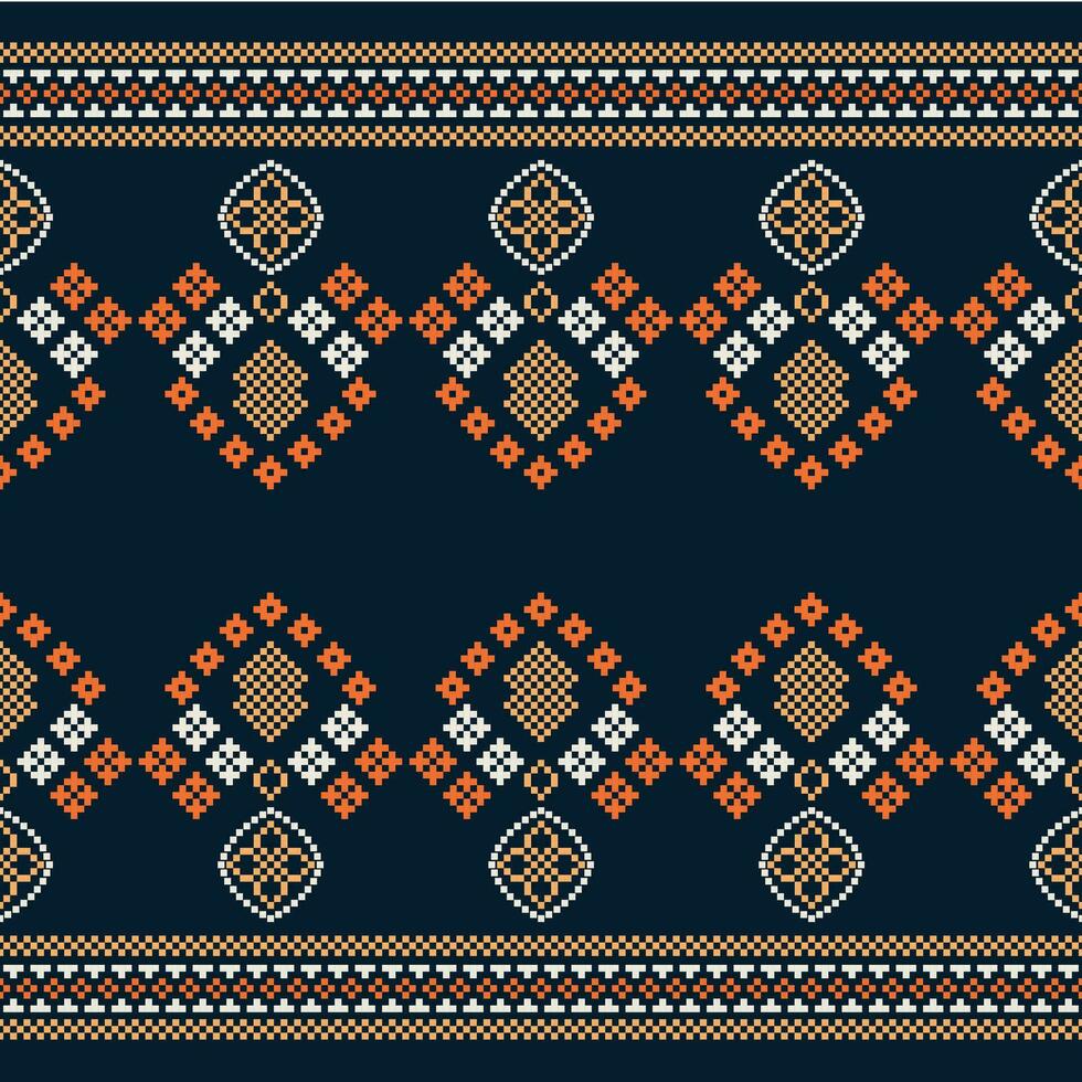 Ethnic geometric fabric pattern Cross Stitch.Ikat embroidery Ethnic oriental Pixel pattern navy blue background. Abstract,vector,illustration. Texture,clothing,frame,decoration,motifs,silk wallpaper. vector