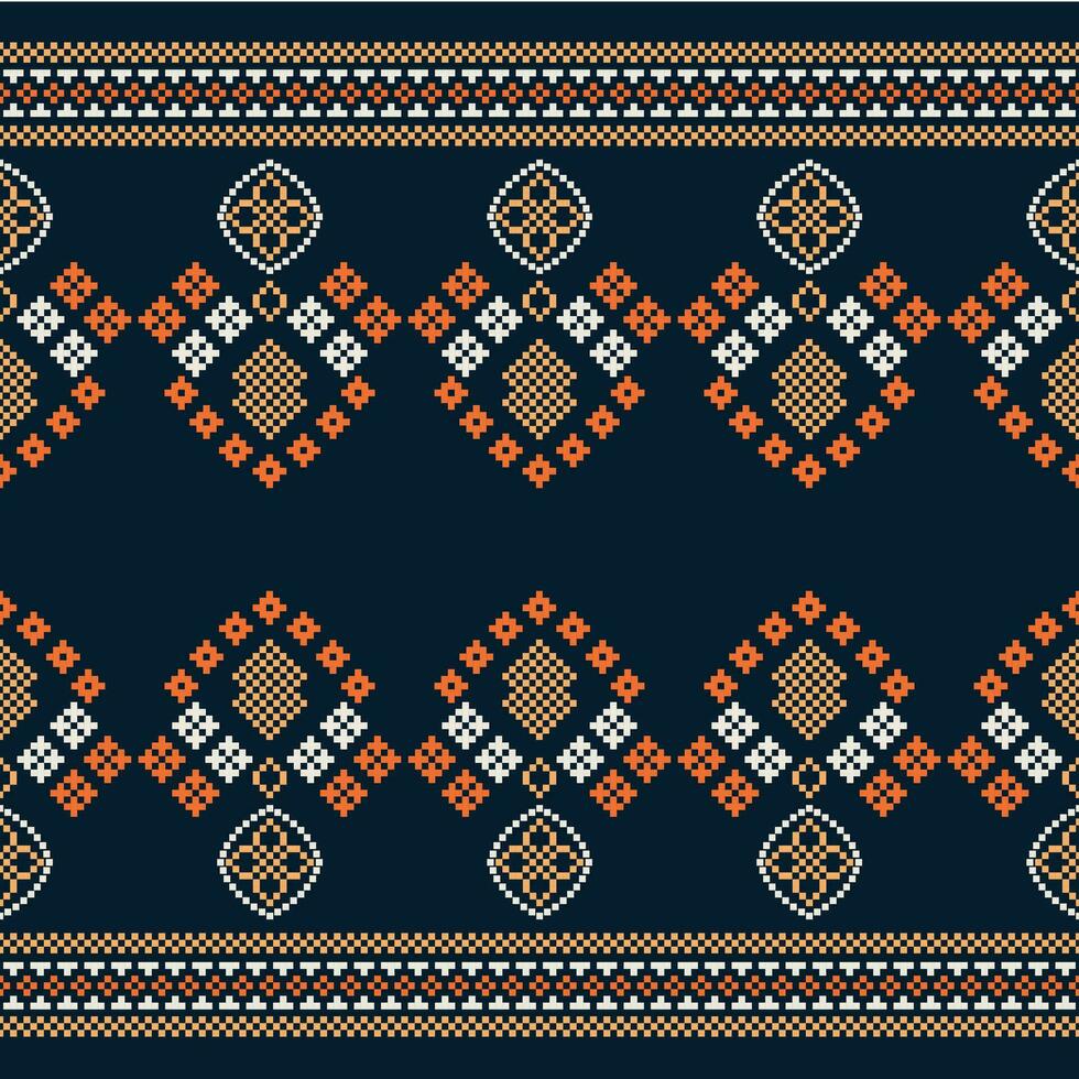 Ethnic geometric fabric pattern Cross Stitch.Ikat embroidery Ethnic oriental Pixel pattern navy blue background. Abstract,vector,illustration. Texture,clothing,frame,decoration,motifs,silk wallpaper. vector