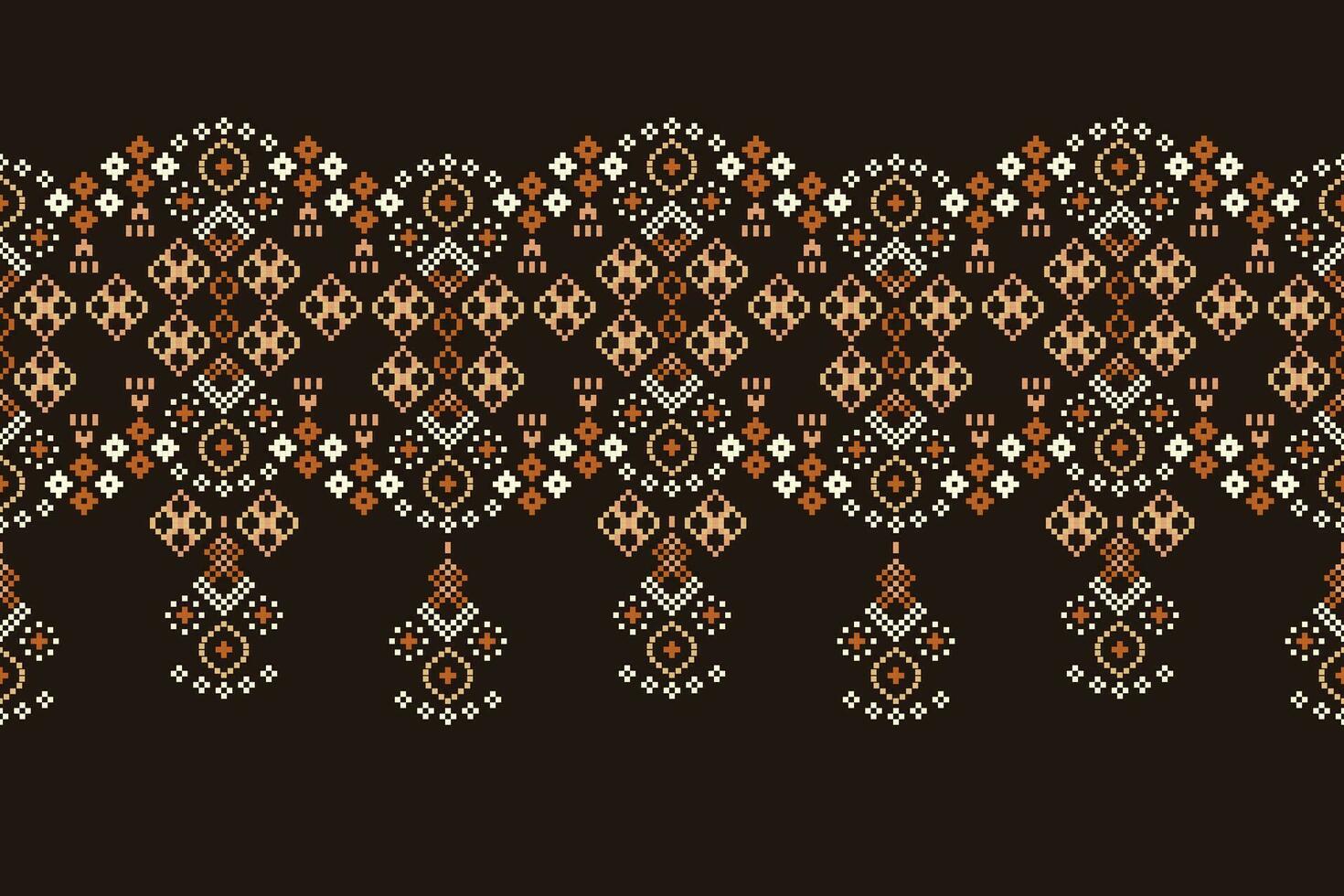 Ethnic geometric fabric pattern Cross Stitch.Ikat embroidery Ethnic oriental Pixel pattern brown background. Abstract,vector,illustration. Texture,clothing,frame,decoration,motifs,silk wallpaper. vector
