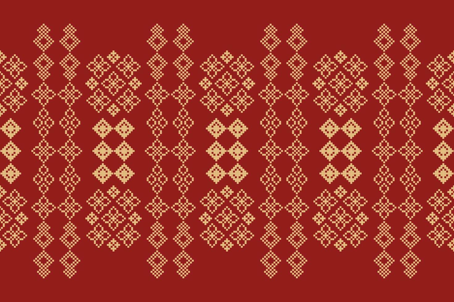 Ethnic geometric fabric pattern Cross Stitch.Ikat embroidery Ethnic oriental Pixel pattern red background. Abstract,vector,illustration. Texture,clothing,frame,decoration,motifs,silk wallpaper. vector
