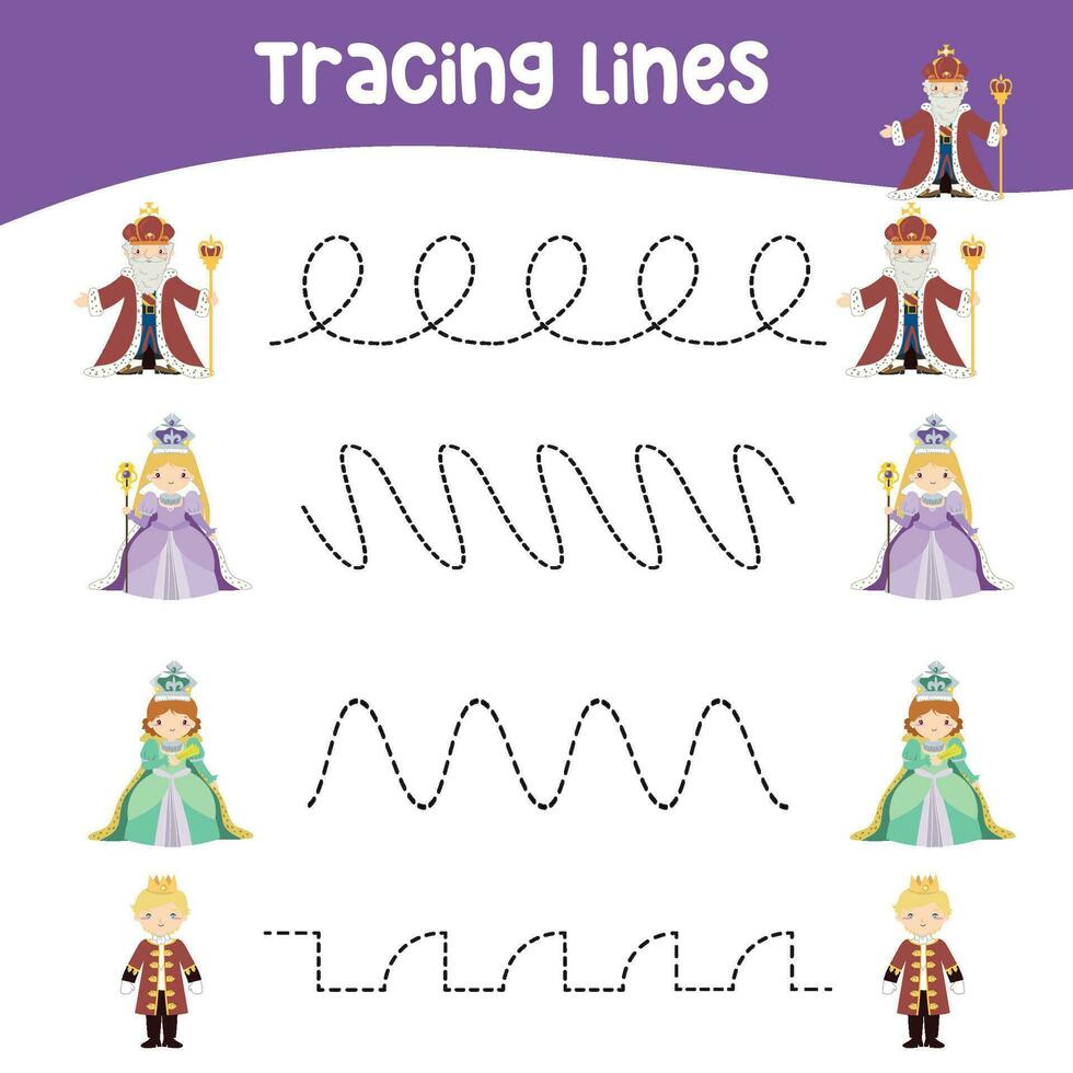 Tracing lines activity for children. Tracing worksheet for kids. Educational printable worksheet. Vector illustration.