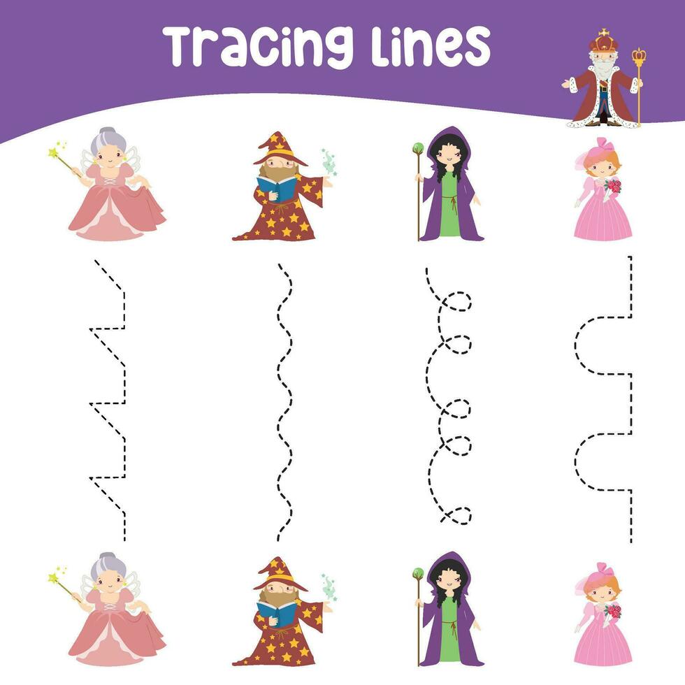 Tracing lines activity for children. Tracing worksheet for kids. Educational printable worksheet. Vector illustration.