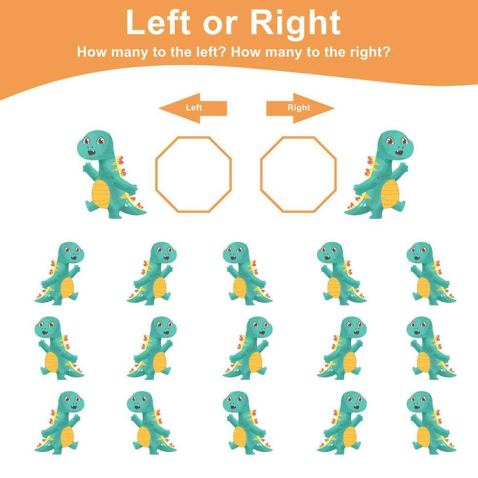 Calculate and write the result. Mathematic activity page with cute dinosaurs. Left or Right worksheet for Children. Math worksheet for kids. Educational printable math. Vector file.