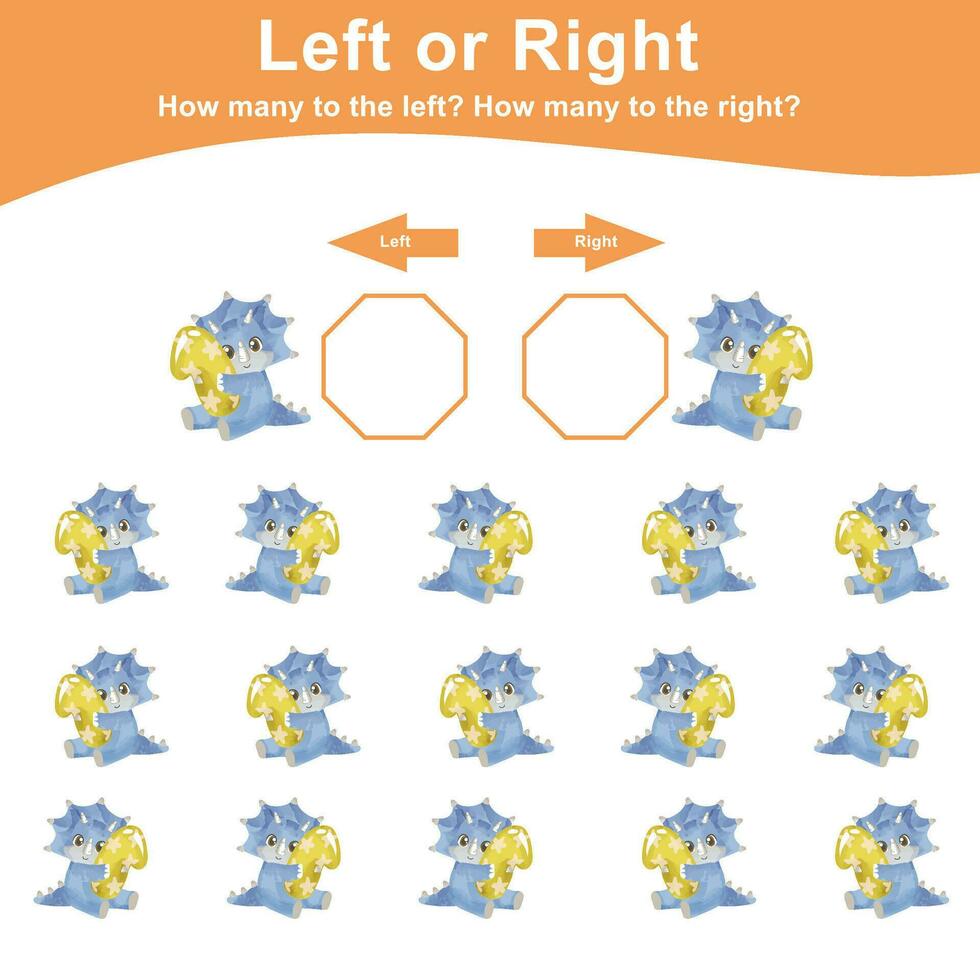 Calculate and write the result. Mathematic activity page with cute dinosaurs. Left or Right worksheet for Children. Math worksheet for kids. Educational printable math. Vector file.