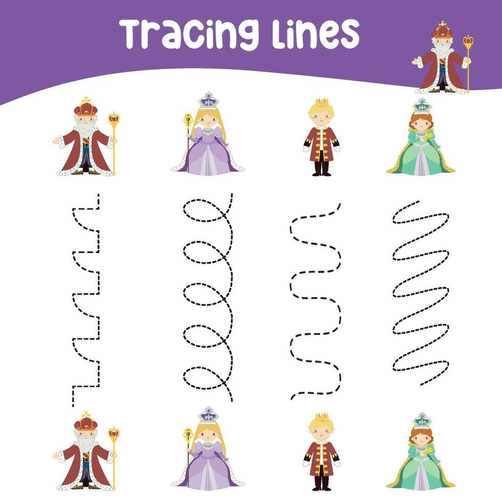 Tracing lines activity for children. Tracing worksheet for kids. Educational printable worksheet. Vector illustration.