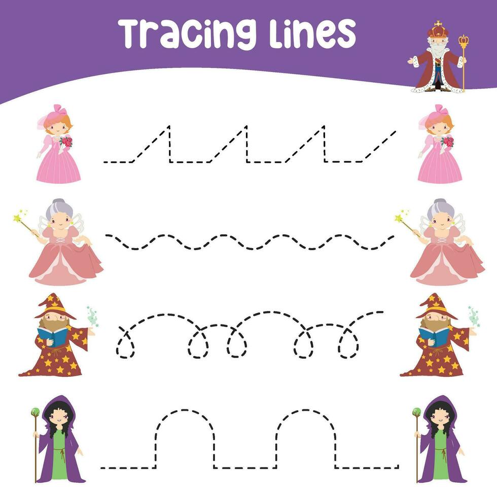 Tracing lines activity for children. Tracing worksheet for kids. Educational printable worksheet. Vector illustration.