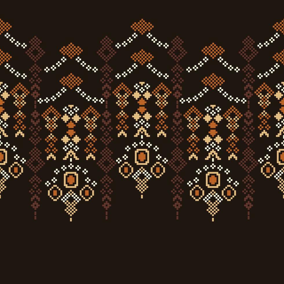 Ethnic geometric fabric pattern Cross Stitch.Ikat embroidery Ethnic oriental Pixel pattern brown background. Abstract,vector,illustration. Texture,clothing,frame,decoration,motifs,silk wallpaper. vector