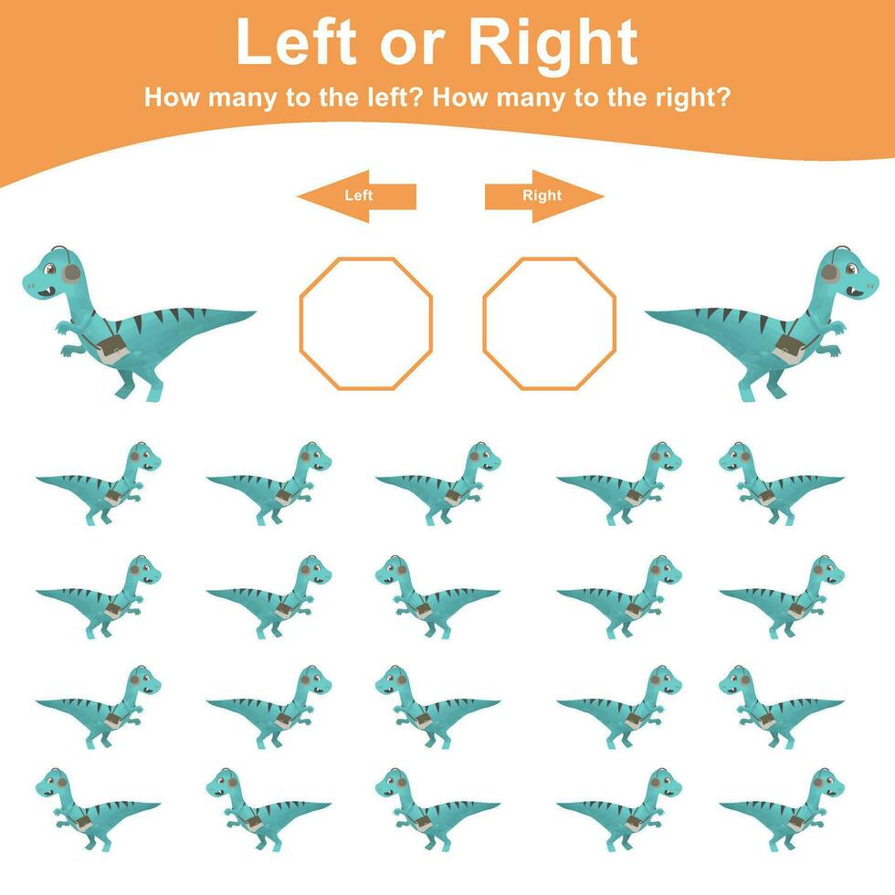 Calculate and write the result. Mathematic activity page with cute dinosaurs. Left or Right worksheet for Children. Math worksheet for kids. Educational printable math. Vector file.