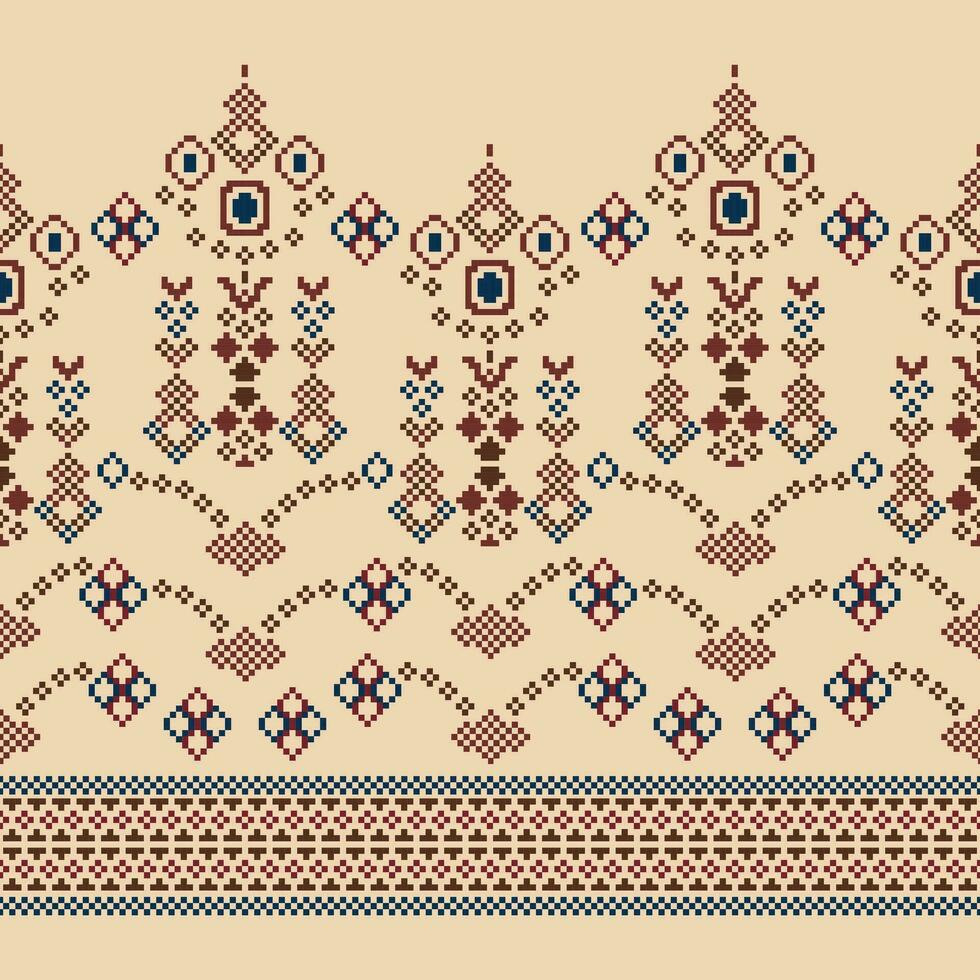 Ethnic geometric fabric pattern Cross Stitch.Ikat embroidery Ethnic oriental Pixel pattern brown cream background. Abstract,vector,illustration. Texture,clothing,frame,motifs,silk wallpaper. vector