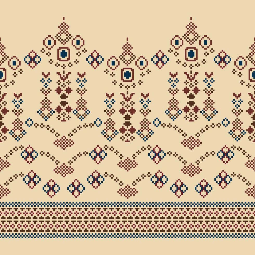 Ethnic geometric fabric pattern Cross Stitch.Ikat embroidery Ethnic oriental Pixel pattern brown cream background. Abstract,vector,illustration. Texture,clothing,frame,motifs,silk wallpaper. vector