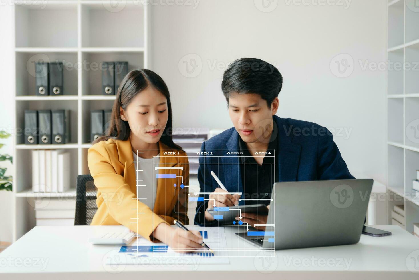 Project manager working and update tasks with milestones progress planning and Gantt chart scheduling diagram.business tram working photo