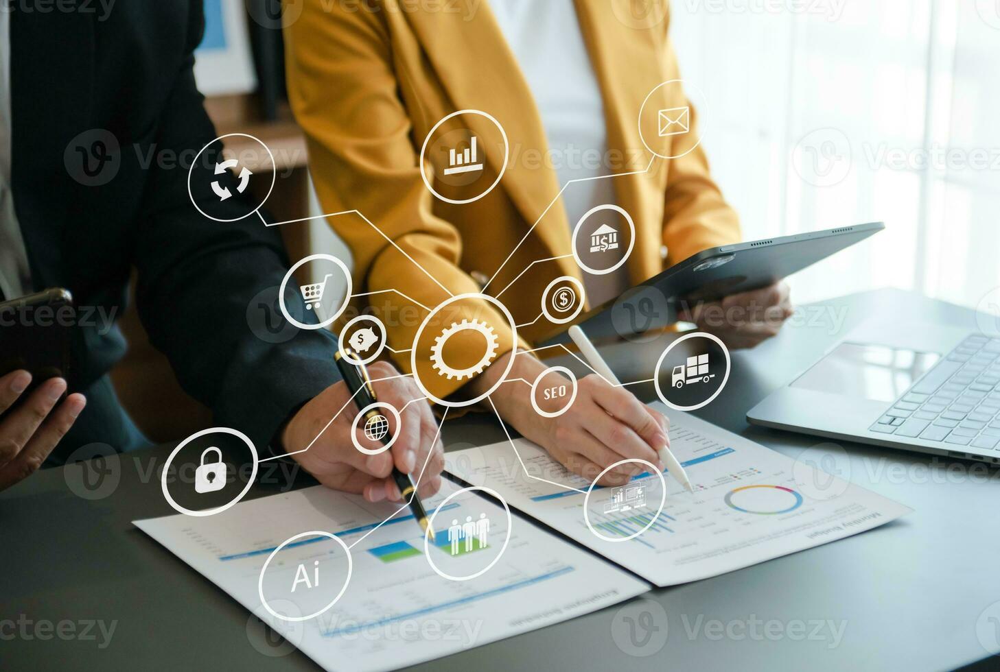 Co working team meeting concept,business with smart phone and laptop and digital tablet computer in office with virtual interface icons photo