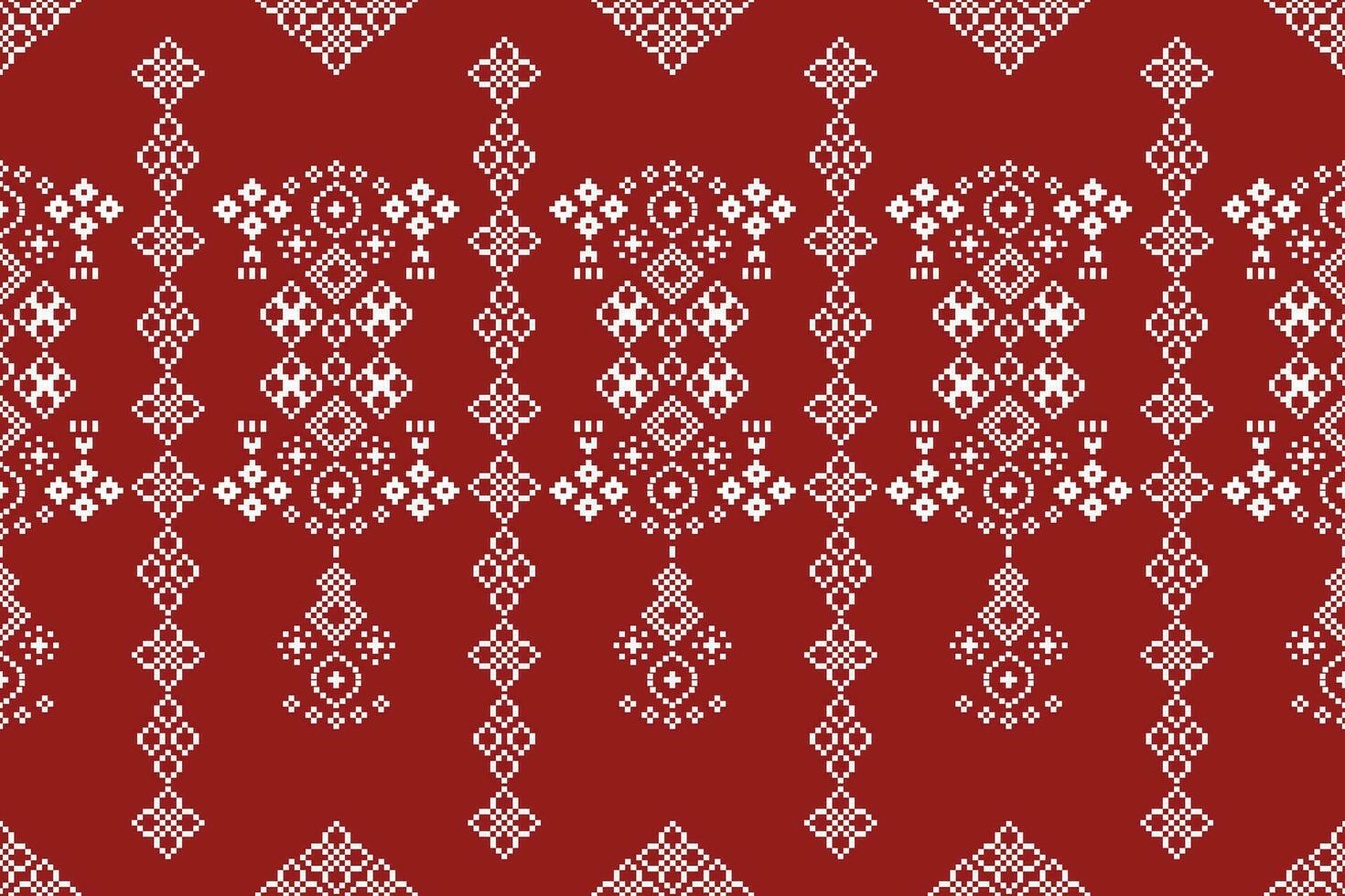 Ethnic geometric fabric pattern Cross Stitch.Ikat embroidery Ethnic oriental Pixel pattern red background. Abstract,vector,illustration. Texture,clothing,frame,decoration,motifs,silk wallpaper. vector