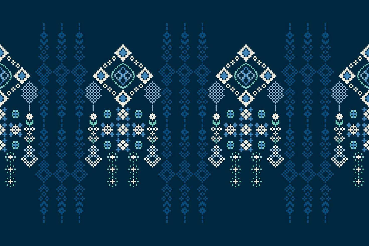 Ethnic geometric fabric pattern Cross Stitch.Ikat embroidery Ethnic oriental Pixel pattern navy blue background. Abstract,vector,illustration. Texture,clothing,frame,decoration,motifs,silk wallpaper. vector