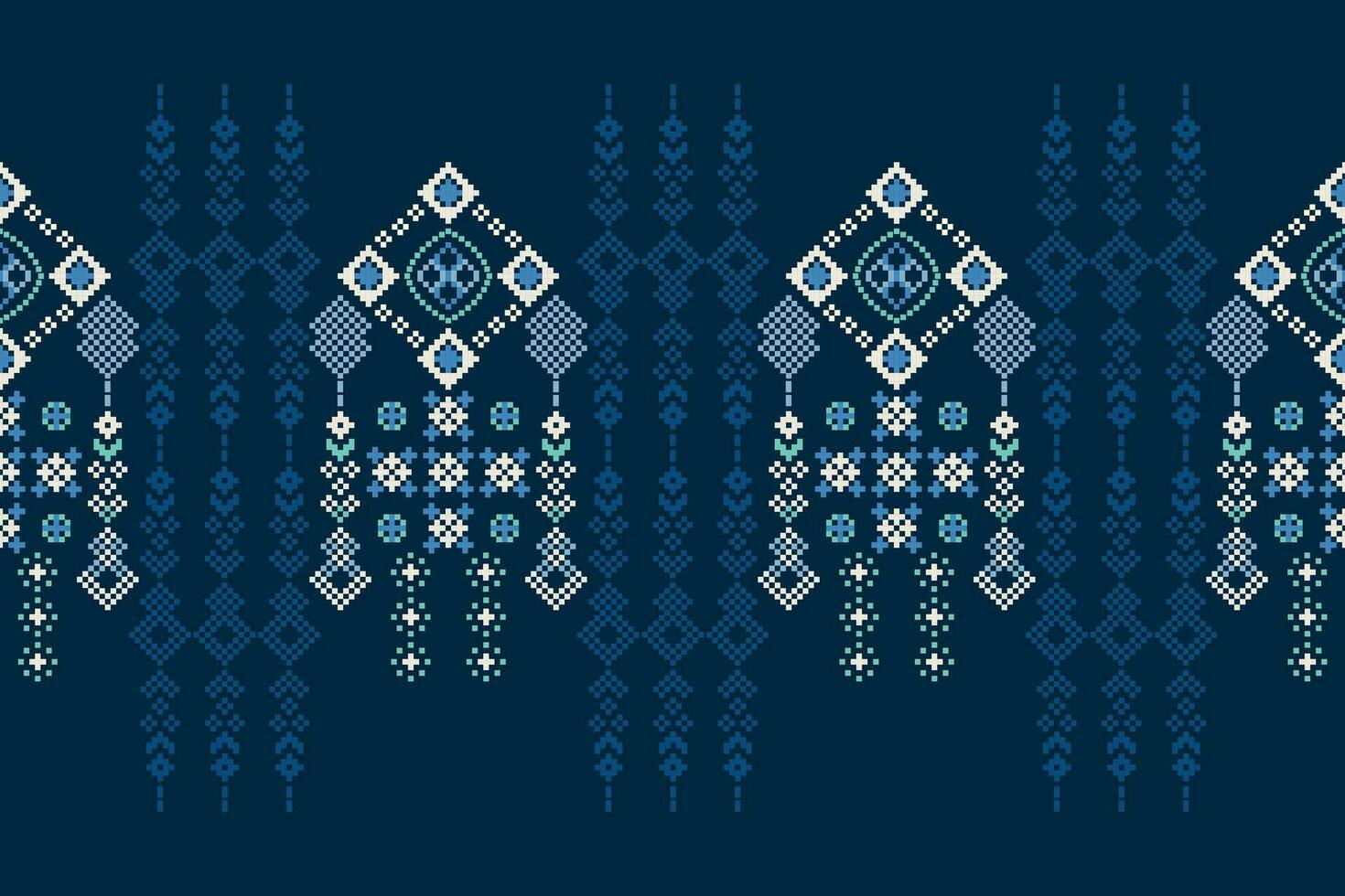 Ethnic geometric fabric pattern Cross Stitch.Ikat embroidery Ethnic oriental Pixel pattern navy blue background. Abstract,vector,illustration. Texture,clothing,frame,decoration,motifs,silk wallpaper. vector