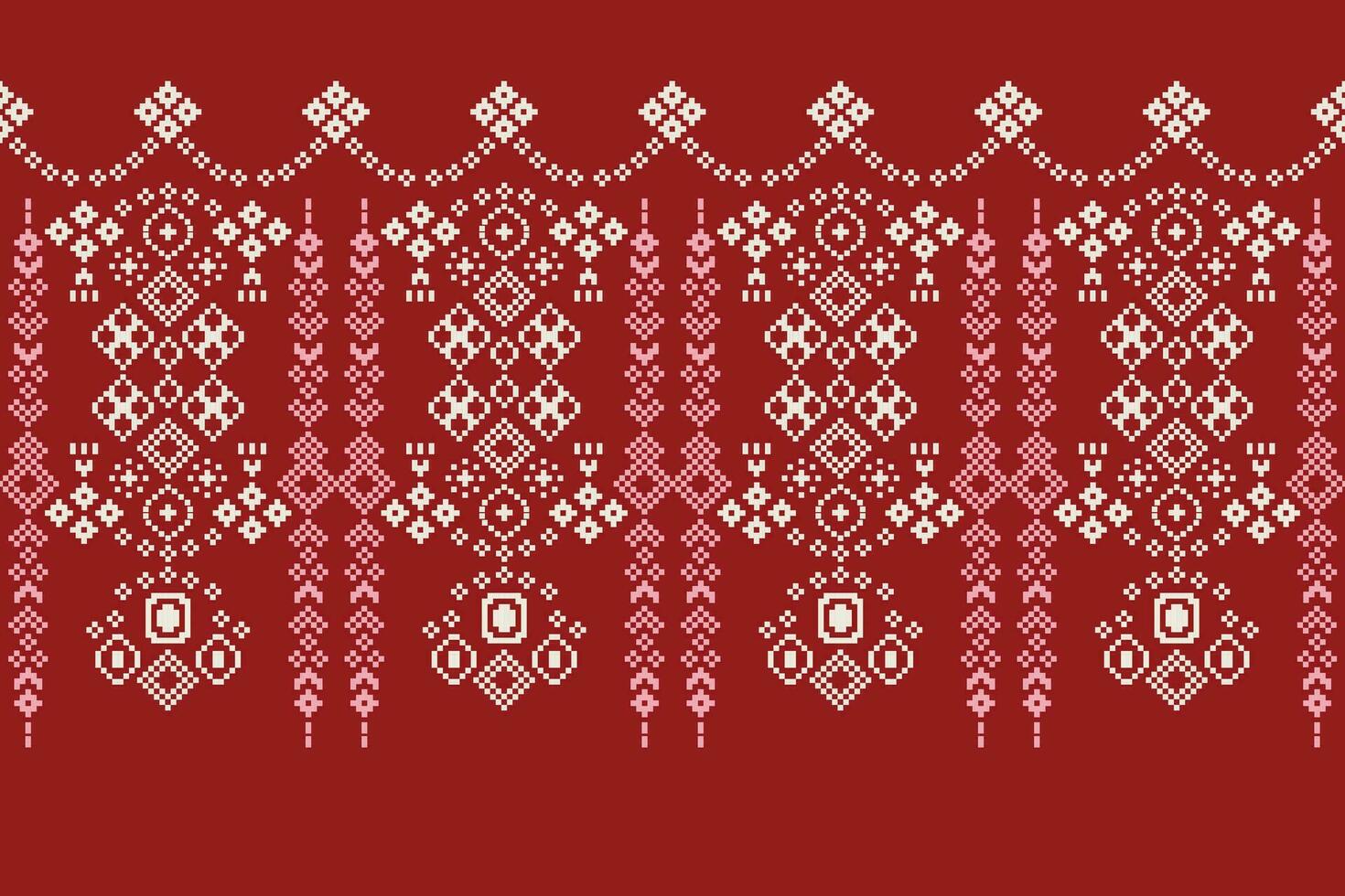 Ethnic geometric fabric pattern Cross Stitch.Ikat embroidery Ethnic oriental Pixel pattern red background. Abstract,vector,illustration. Texture,clothing,frame,decoration,motifs,silk wallpaper. vector