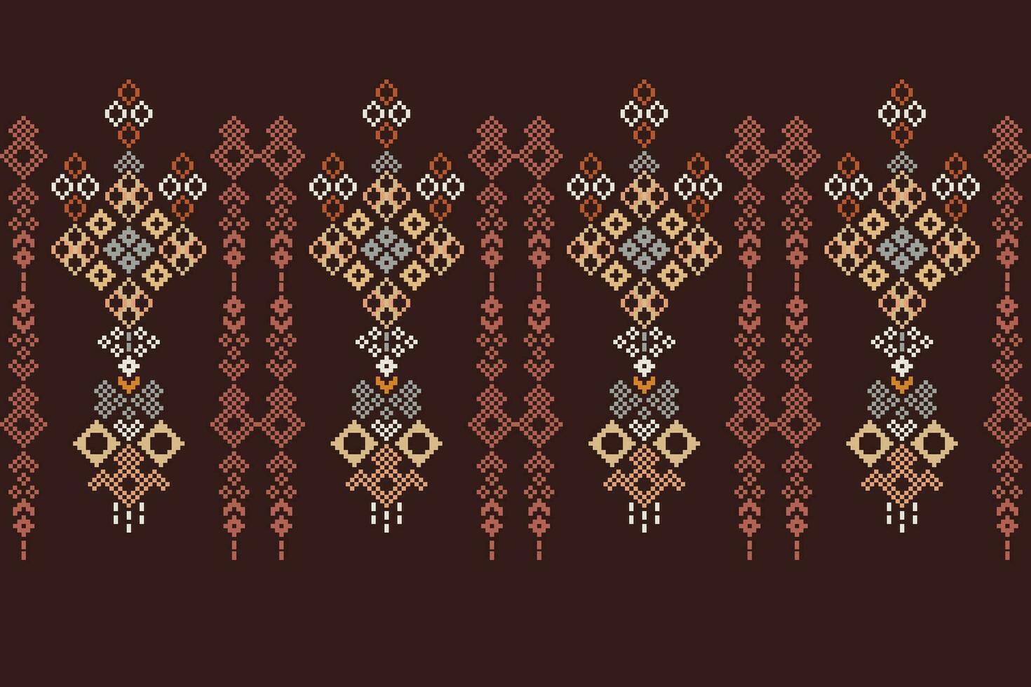 Ethnic geometric fabric pattern Cross Stitch.Ikat embroidery Ethnic oriental Pixel pattern brown background. Abstract,vector,illustration. Texture,clothing,frame,decoration,motifs,silk wallpaper. vector