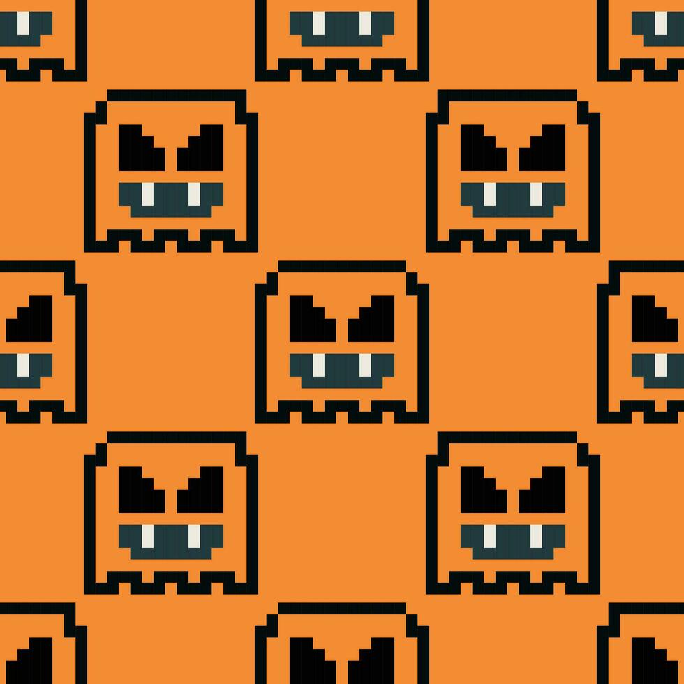 Vector fabric pattern illustration orange background pixel cross stitch abstract ghost patterns cute vertical ghosts orange color tone halloween background ghost halloween pattern.