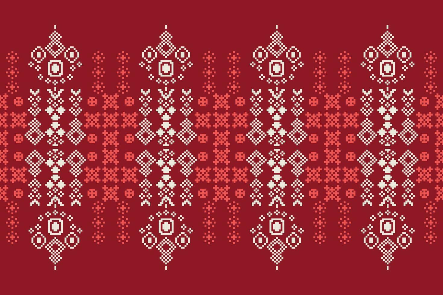 Ethnic geometric fabric pattern Cross Stitch.Ikat embroidery Ethnic oriental Pixel pattern red background. Abstract,vector,illustration. Texture,clothing,frame,decoration,motifs,silk wallpaper. vector