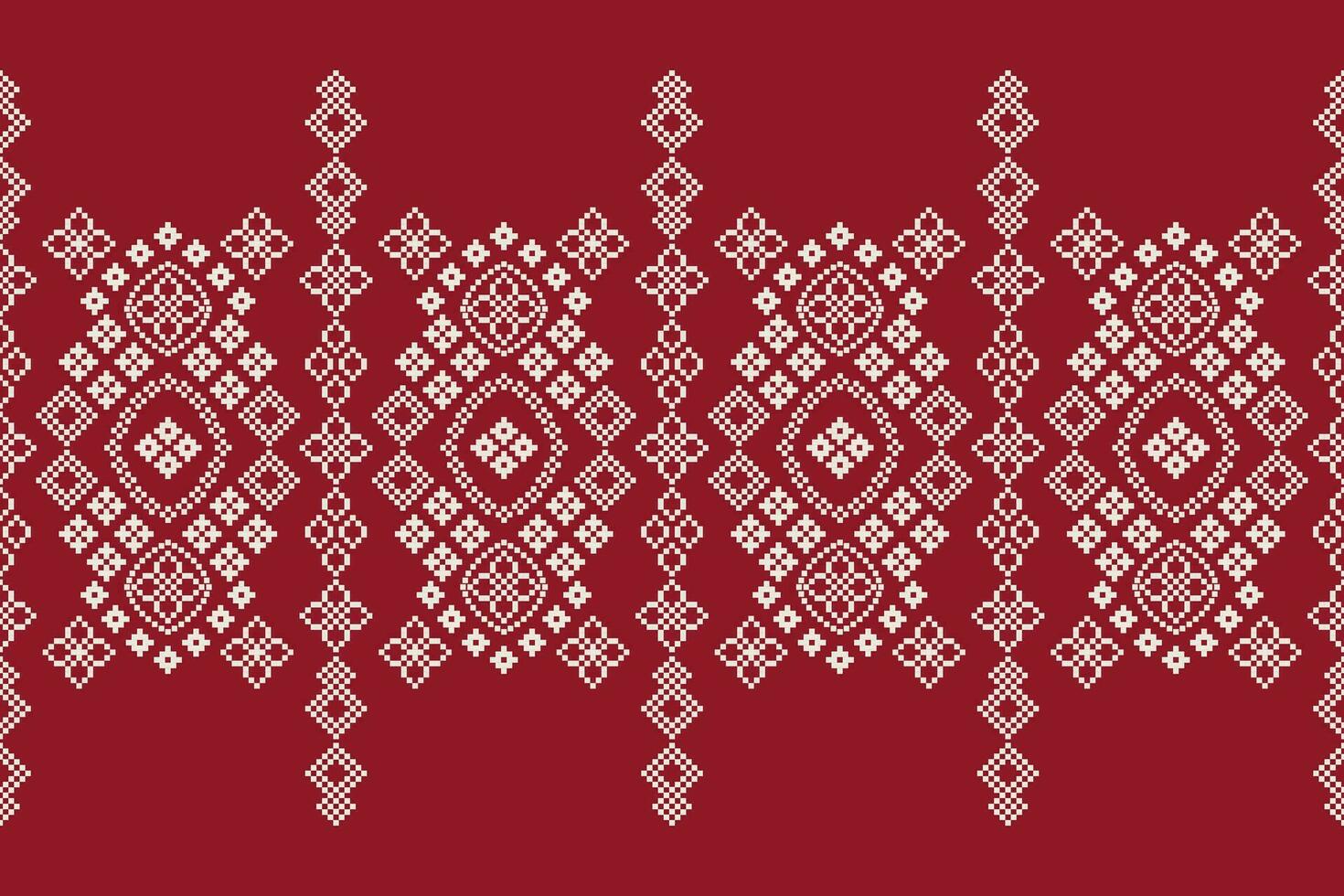 Ethnic geometric fabric pattern Cross Stitch.Ikat embroidery Ethnic oriental Pixel pattern red background. Abstract,vector,illustration. Texture,clothing,frame,decoration,motifs,silk wallpaper. vector