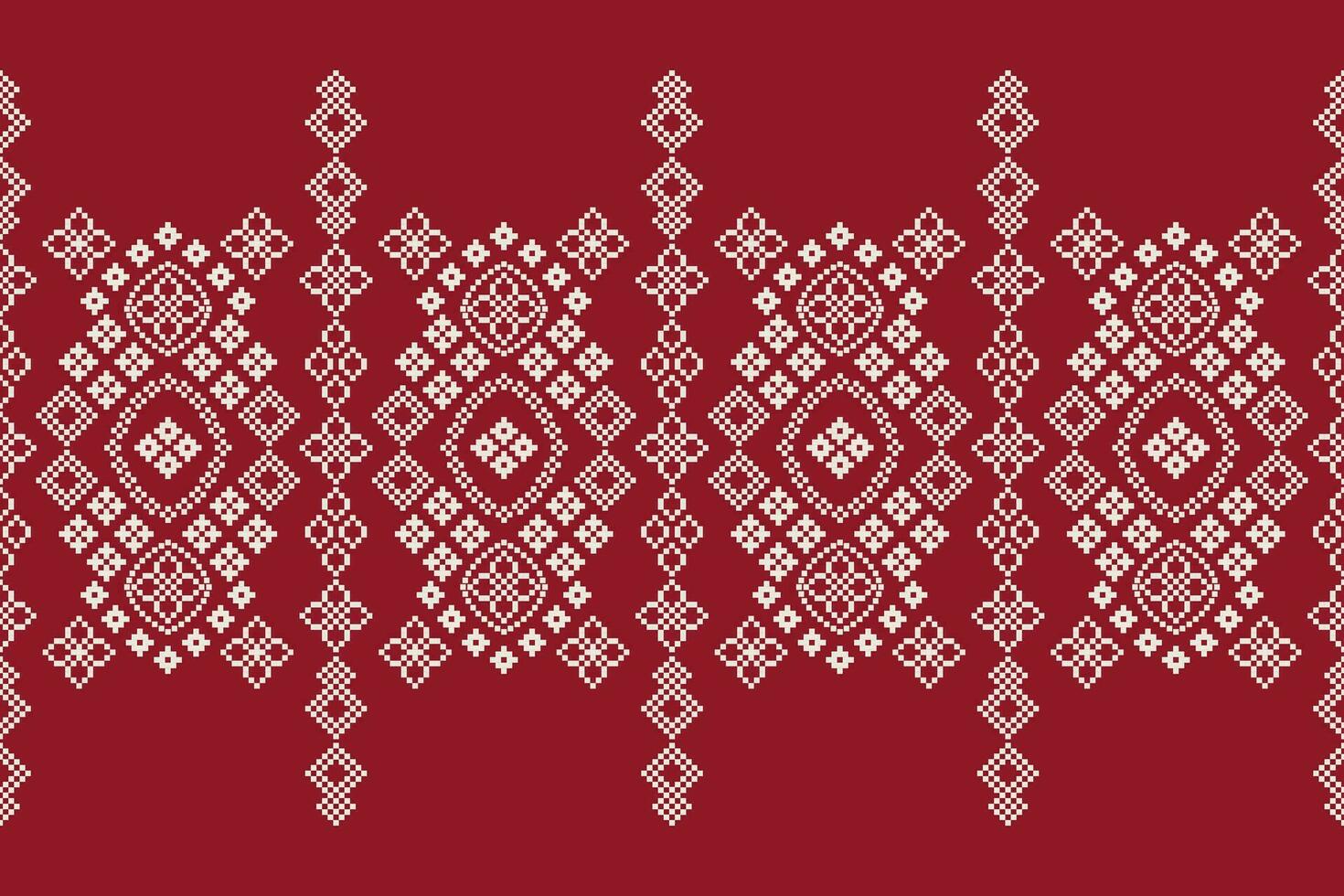 Ethnic geometric fabric pattern Cross Stitch.Ikat embroidery Ethnic oriental Pixel pattern red background. Abstract,vector,illustration. Texture,clothing,frame,decoration,motifs,silk wallpaper. vector