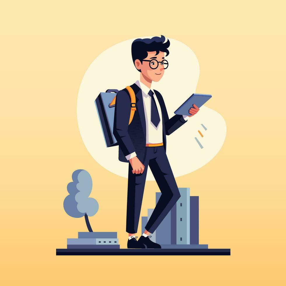 Happy schoolboy with a digital tablet and a satchel goes to school. Cartoon vector illustration. Background illustration with city summer street, buildings and trees. Back to school.