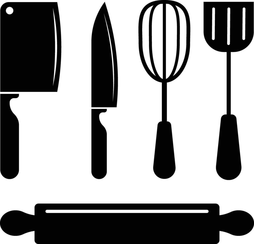 Chop Knife, Whisk, Frying Spoon and Bakery Roller Icon Illustrations vector