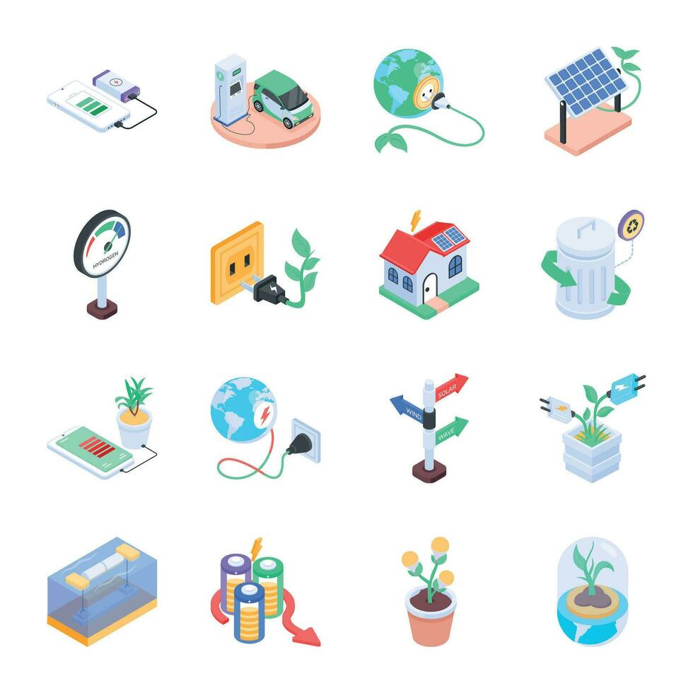 Bundle of Eco Power Isometric Icons vector