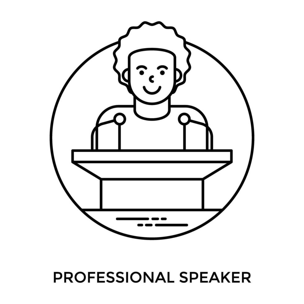 Siling human avatar with curly hairs standing on a podium with mic to showcase public speaker concept vector