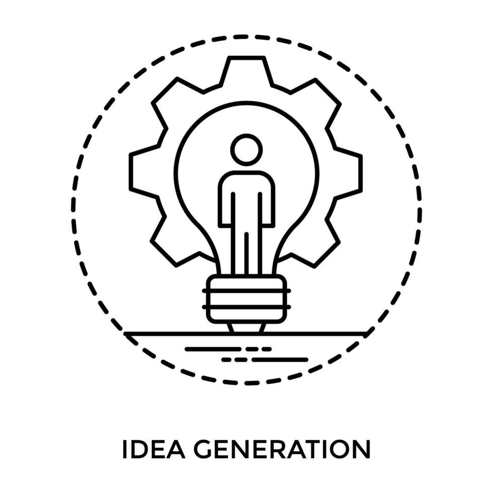 Bulb surrounded by processing cog with human avatar standing inside, formalizing icon for idea generation vector