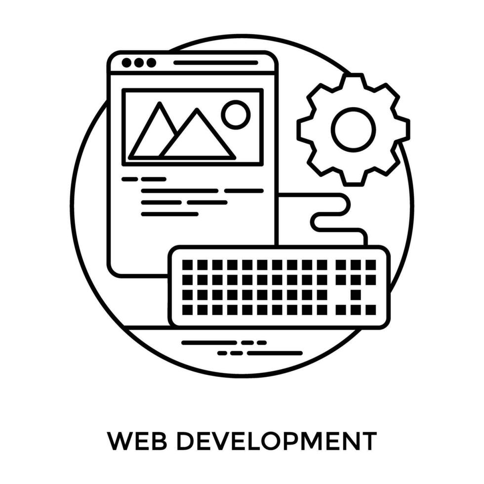 Keyboard attached to a webpage template and gear sign in the scene, describing web development icon vector