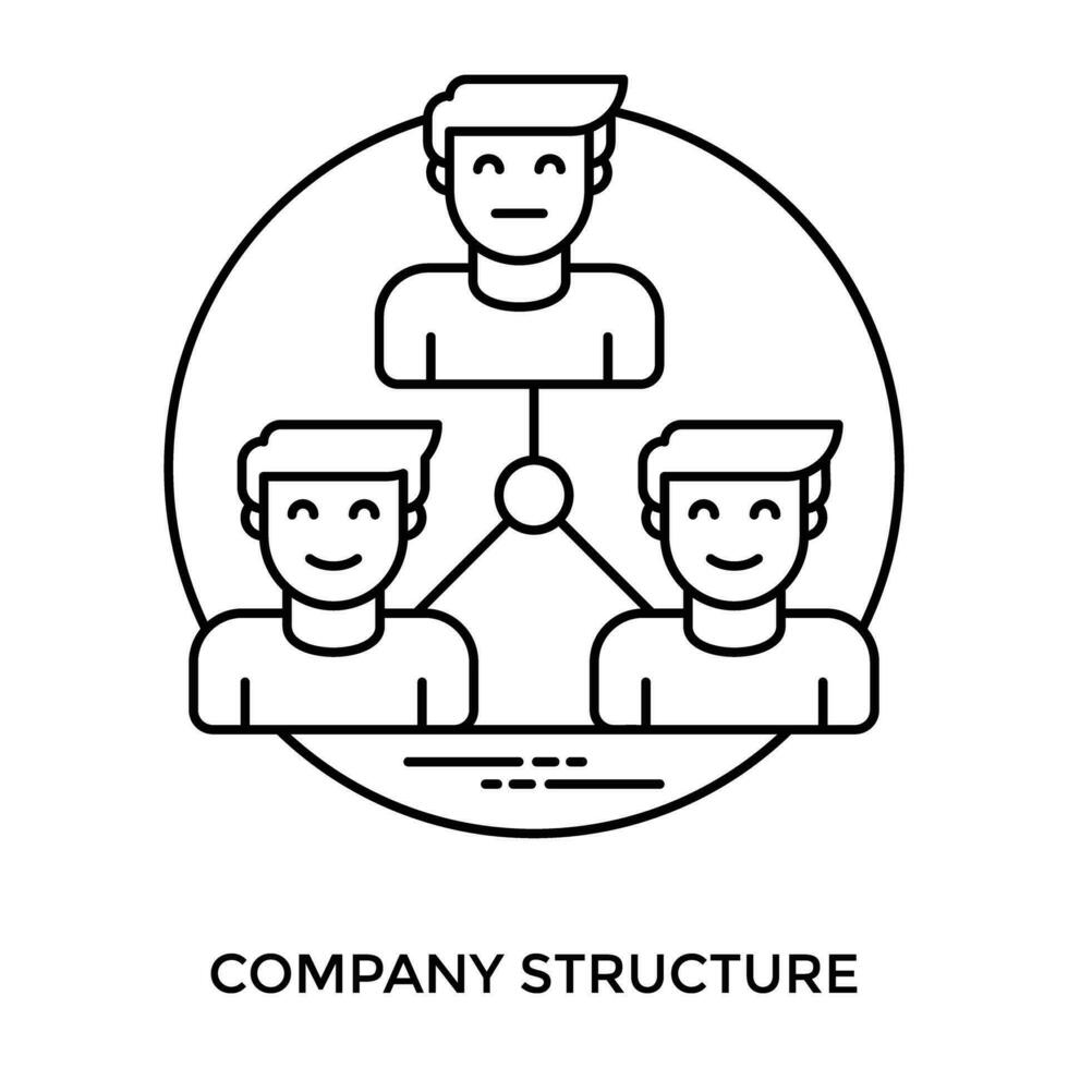 Three smiling human avatars attached with each other where one is leading the other two, structuring icon for company structure vector