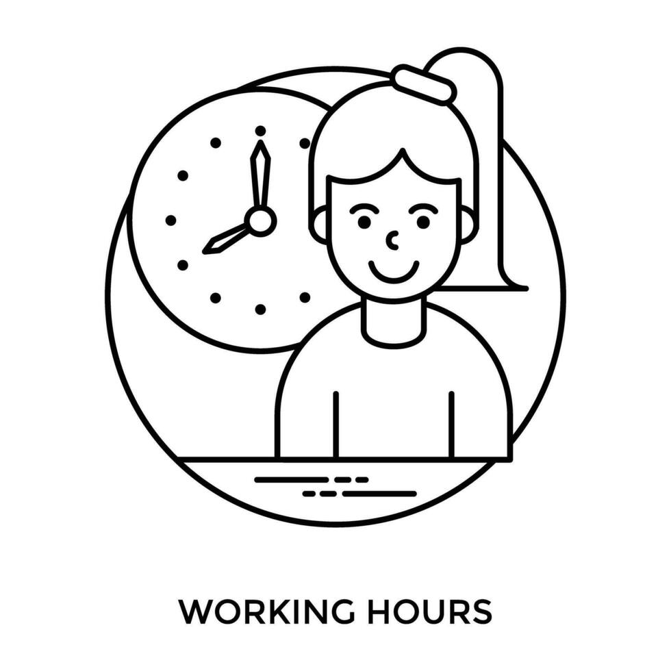 Employee with ponytail in front a time machine depicting working hours icon vector