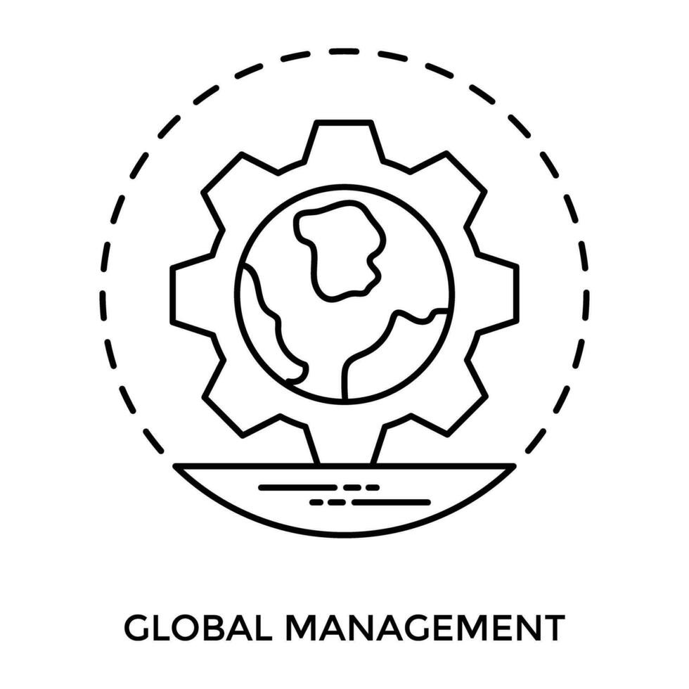 Graphics of a cog having world globe inside, showcasing global management idea vector