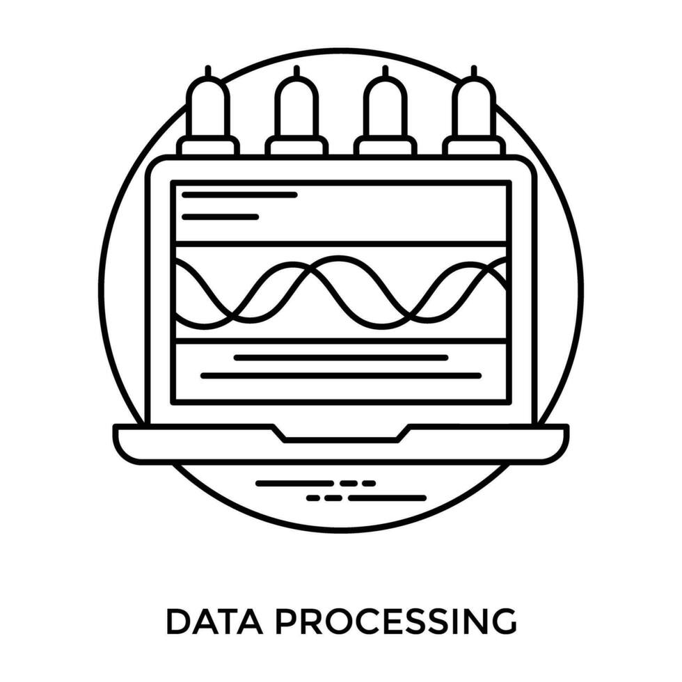 Laptop screen with bulbs in the edge and data transverse waves, digitizing the icon for data processing vector