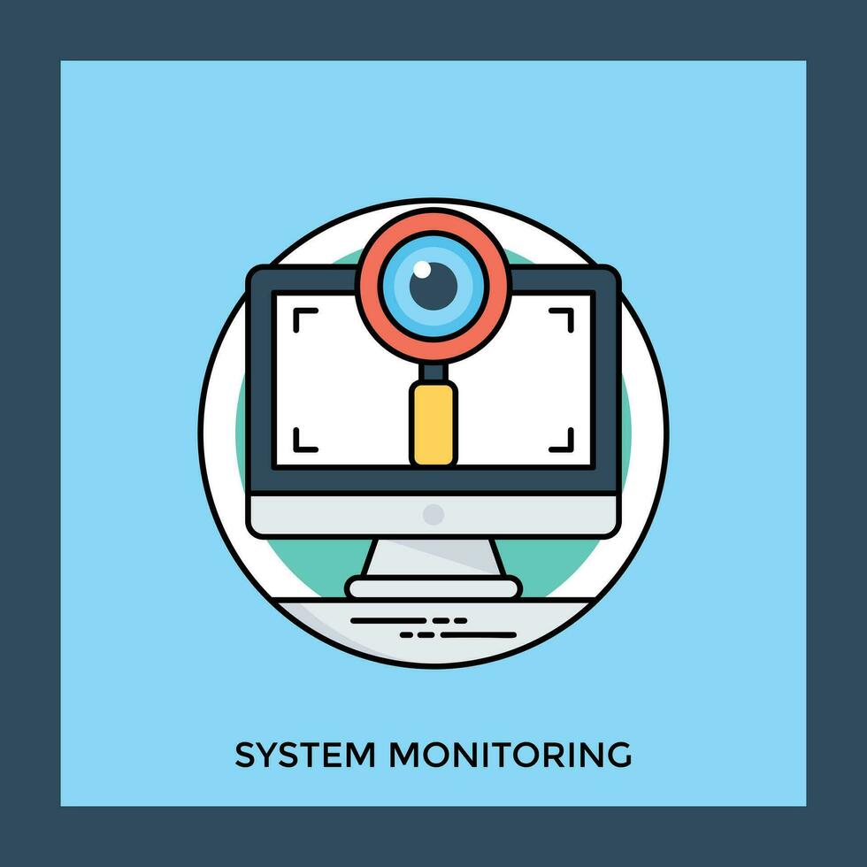 Focused magnifying glass with eyeball right in front of the desktop showcasing system monitoring concept vector
