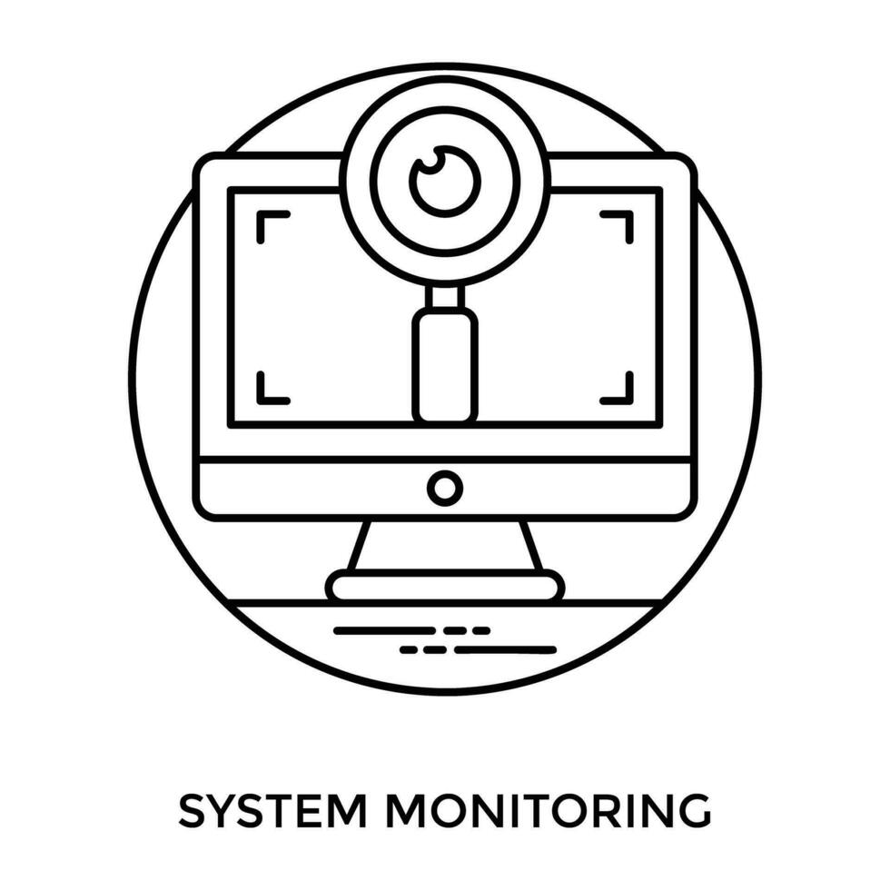 Focused magnifying glass with eyeball right in front of the desktop showcasing system monitoring concept vector