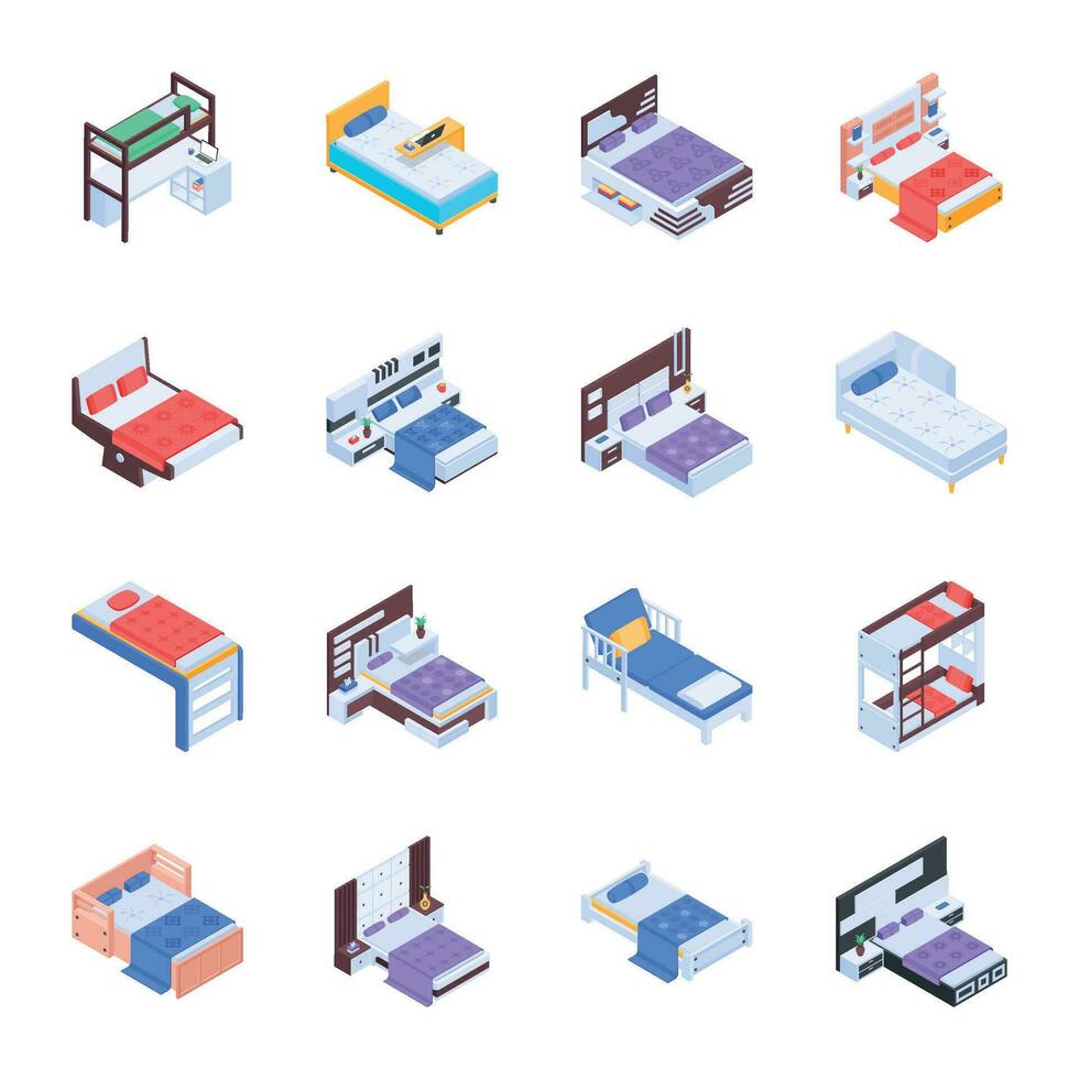 Collection of Room Beds Isometric Icons vector
